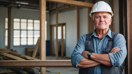 Portrait of successful experienced positive male builder smiling with his helmet on the head and safety vest standing on a commercial building construction site.