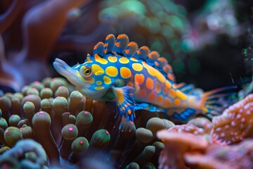 A close-up view of a colorful fish swimming among vibrant coral in a saltwater aquarium - Powered by Adobe