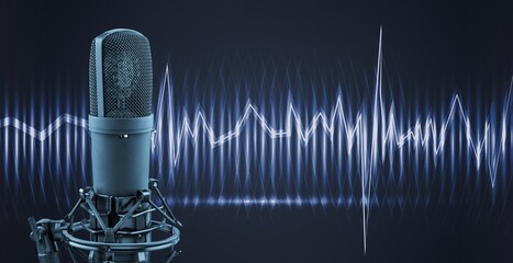 Podcast microphone with blue ligthing, wave signal