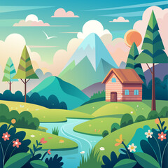 Farm, agriculture rural landscape, village house. Vector horizontal illustration, flat style (10)