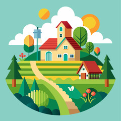 Obraz na płótnie Canvas Farm, agriculture rural landscape, village house. Vector horizontal illustration, flat style (11)