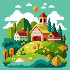 Farm, agriculture rural landscape, village house. Vector horizontal illustration, flat style (28)