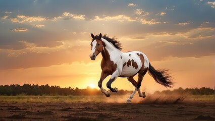 Horses are amazing animals because of their ability to run, jump, walk, and sleep. gorgeous sunset and a dynamic picture of a horse charging across a sandy shore A horse running in a field  - obrazy, fototapety, plakaty