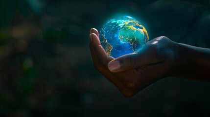 Hand holding a virtual holographic planet Earth, Global Connectivity, Futuristic Technology, Education and Science Industries