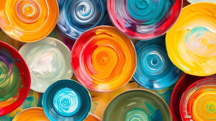 Capture the essence of a vibrant, abstract aerial view of colorful plates swirling in a dynamic composition, reminiscent of a modern masterpiece with bold brushstrokes and vivid hues Infuse a sense of