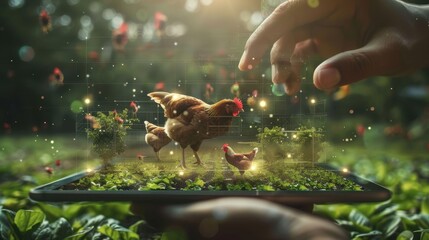chicken Farm 3d hologram coming out of the Tablet