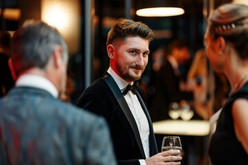 Business professional attending a gala dinner or awards ceremony, dressed in formal attire and mingling with industry peers, Generative AI