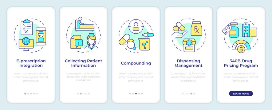 PMS system features onboarding mobile app screen. Walkthrough 5 steps editable graphic instructions with linear concepts. UI, UX, GUI template. Montserrat SemiBold, Regular fonts used