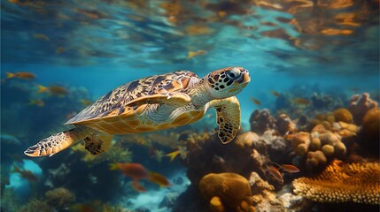 Obraz premium A sea turtle swimming gracefully among vibrant corals in clear blue water.