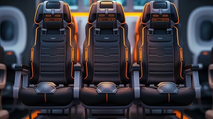 Close-up of three black leather seats with orange upholstery trim, with empty seats, blurred background.Generative AI illustration. - obrazy, fototapety, plakaty