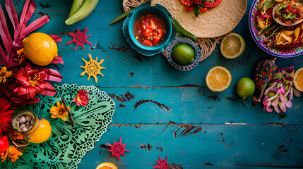 Vibrant Cinco de Mayo top view with sombreros and maracas. Bright flag garland,  tacos and spicy nacho on a blue wooden table copy space