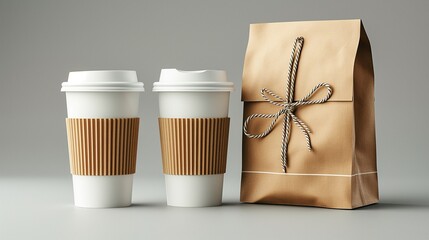 Two white coffee mugs, a brown paper bag containing recyclable cookies, against a blurred gray background.Generative AI illustration. - obrazy, fototapety, plakaty