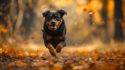 Black Rottweiler dog playing in the park.Blurred background.Generative AI illustration. - obrazy, fototapety, plakaty