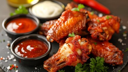 Plate of crispy fried chicken wings served with dipping sauces, perfect for sharing with friends.