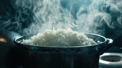 selective focus hot cooked rice in electric rice cooker with steaming on dark background. AI generated - obrazy, fototapety, plakaty