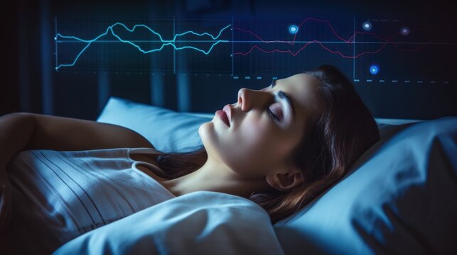 Ai graph of sleep monitoring test, diagnosis symptom for medical treatment, demonstrate on screen testing lab , Ai generated for ads