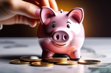 hand put money coin into piggy for saving money wealth  - obrazy, fototapety, plakaty