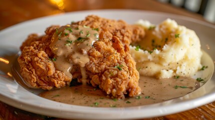 Plate of homemade buttermilk fried chicken, juicy and flavorful, served with mashed potatoes and gravy. - obrazy, fototapety, plakaty