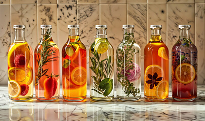 bottles of aromatic water with fruits and vegetables, homemade natural vitamin infused water  - obrazy, fototapety, plakaty