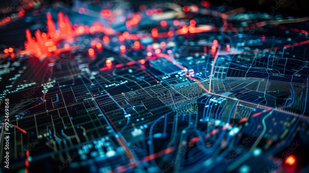 Poster a large highly detailed map of the city displayed on a central screen showing the exact location of 