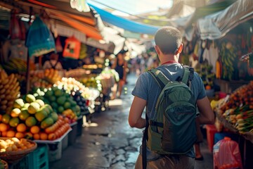 Business traveler exploring a local market, immersing in the vibrant culture and sampling artisanal products, Generative AI