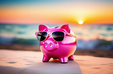 Pink piggy bank in sunglasses against the background of a beautiful sea at sunset. Vacation concept - obrazy, fototapety, plakaty