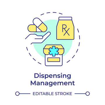 Dispensing management multi color concept icon. Retail pharmacy, storefront. Pharmaceutical products. Round shape line illustration. Abstract idea. Graphic design. Easy to use in infographic, article