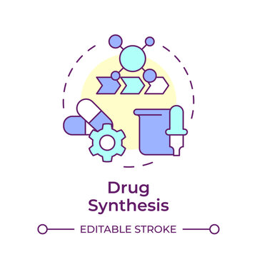 Drug synthesis multi color concept icon. Laboratory equipment. Medications mixing, compounding. Round shape line illustration. Abstract idea. Graphic design. Easy to use in infographic, article
