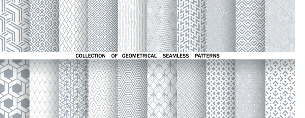 Geometric set of seamless gray and white patterns. Simple vector graphics