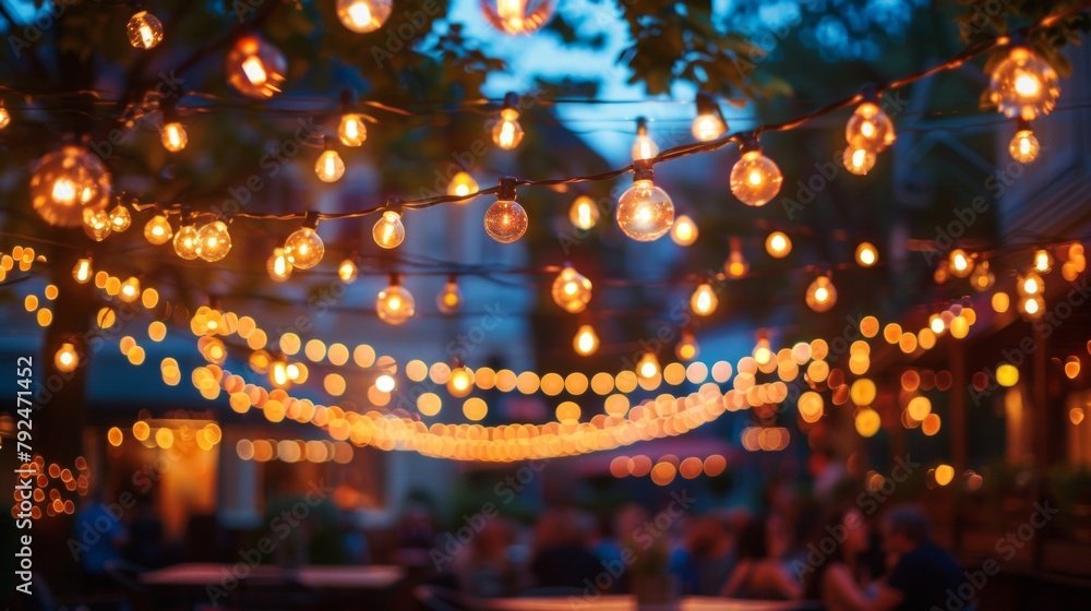 Aufkleber hazy strands of glowing string lights dd above a bustling outdoor bar setting the scene for a vibran