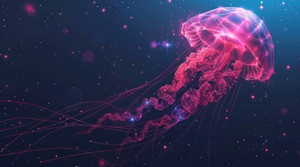 Jellyfish from futuristic polygonal red lines and glowing stars for banner, poster, greeting card. AI generated