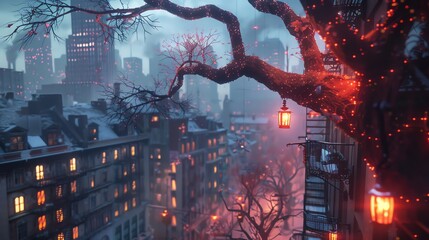 Witness a cityscape transformed by whimsical enchantment, where skyscrapers sprout branches like trees and lampposts dance with ethereal light Uncover the beauty of the ordinary turned extraordinary t - obrazy, fototapety, plakaty