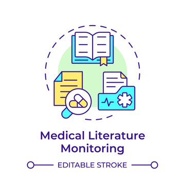 Medical literature monitoring multi color concept icon. Regulatory compliance, industry standard. Round shape line illustration. Abstract idea. Graphic design. Easy to use in infographic, article