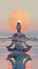 Craft a digital artwork showcasing a serene sunset at the beach, with a solitary figure practicing yoga in a unique, abstract pose, dressed in a chic, patterned rash guard that seamlessly blends fashi - obrazy, fototapety, plakaty
