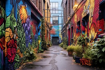 Fototapeta na wymiar Vibrant Urban Street Art Textures: Virtual Tour Highlights of Alleyway Art Scenes
