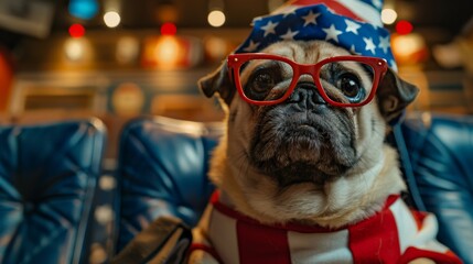 A patriotic pug wearing glasses and a stars and stripes hat is sitting in a movie theater.