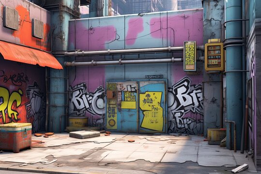 Indie Game Environments: Vibrant Urban Street Art Textures on Distressed Concrete