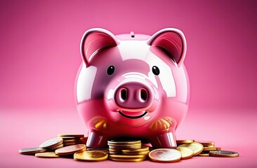 A pink piggy bank surrounded by coins evoking a sense of savings and wealth - obrazy, fototapety, plakaty