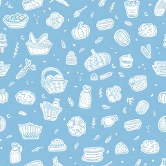 Seamless pattern with line art icons of traditional Shabbat symbols such as baskets, products, cheese in a bowl and a book on a blue background