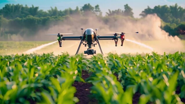 Drone Over Cornfield: Precision Agriculture in Action. Concept Drone Technology, Precision Agriculture, Cornfield Monitoring, Agricultural Innovation, Drone Applications