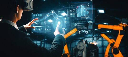 MLB Advanced robot arm system for digital industry and factory robotic technology. Automation manufacturing robot controlled by industry engineering using IOT software connected to internet network.
