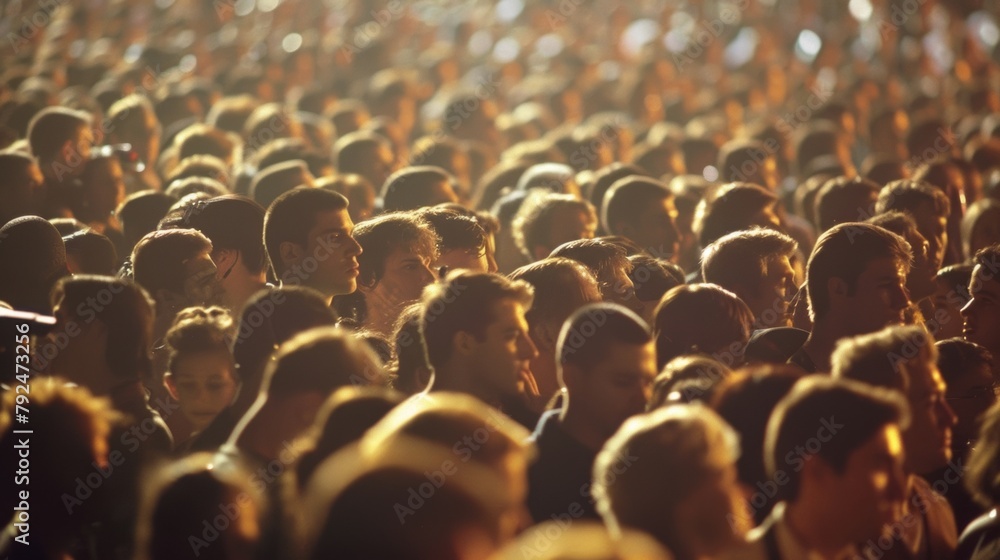 Poster in the midst of a crowded concert a security team is utilizing their training to spot any potential 