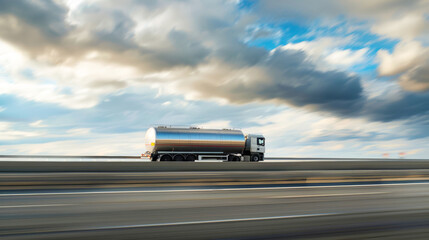 A tanker truck transporting petroleum products drives down a highway under a cloudy sky