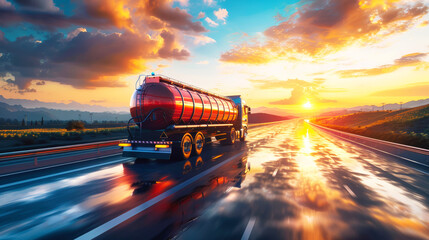 A tanker truck transporting oil and fuel drives down a highway under a vibrant sunset sky, symbolizing the industrial movement of precious resources