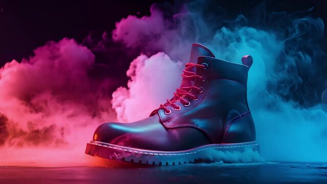 Vibrant Hues & Shoe in Smoky Artistry. Concept Colorful Styling, Artistic Footwear, Bold Photography, Smoke Effects, Vibrant Backgrounds