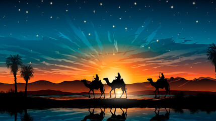 Nativity scene with three wise men on camels at night illustration - obrazy, fototapety, plakaty