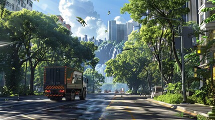 A logistics vehicle cruises down the road, flanked by lush green trees and towering buildings, painting a vibrant urban scene bustling with life and activity