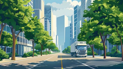 A logistics vehicle cruises down the road, flanked by lush green trees and towering buildings, painting a vibrant urban scene bustling with life and activity