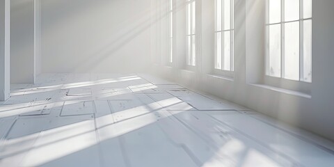 Fototapeta premium An empty white room with windows, where the soft light reflects gently, casting a serene ambiance within the space.