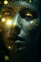 Digital Goddess: Portrait of Woman with Glowing Circuit Patterns. Bright lines playing on skin. Generative AI